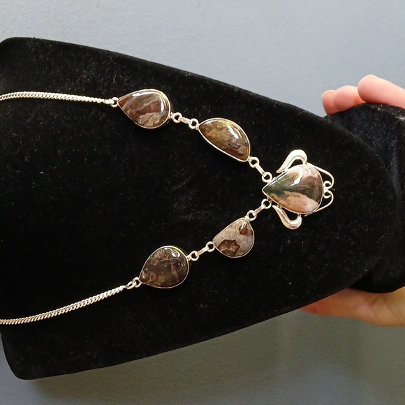 New Ocean Jasper & Turritella Agate 925 Silver Necklace. - Picture 2 of 15